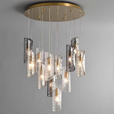 Lateral view of the 12-light Frosted Glass Chandelier, capturing the depth and dimension of its design.